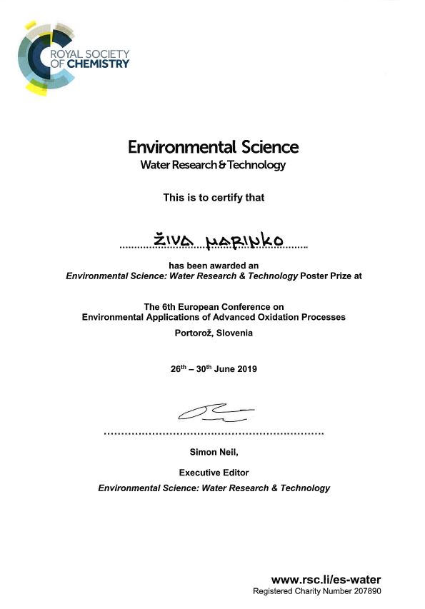 Poster award at the 6th European Conference on Environmental Applications of Advanced Oxidation Processes; Živa Marinko